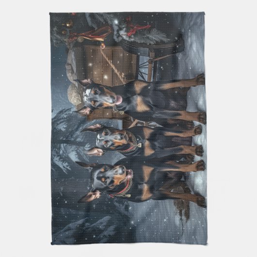 Doberman Snowy Sleigh Kerstdecoratie Theedoek (Verticaal)