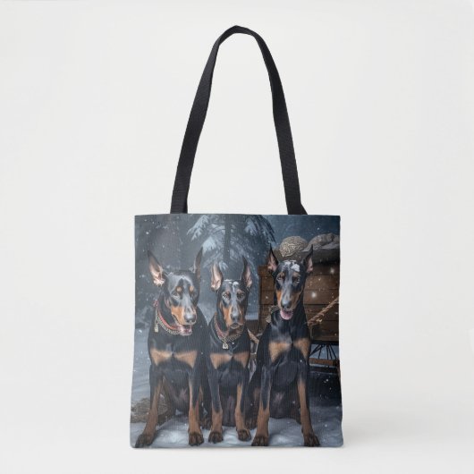 Doberman Snowy Sleigh Kerstdecoratie Tote Bag (Voorkant)