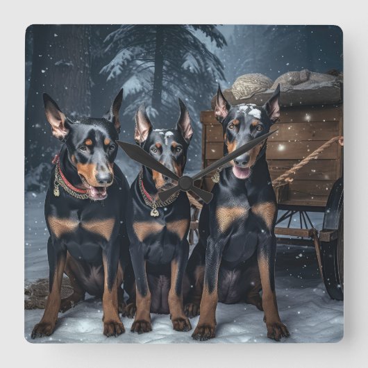 Doberman Snowy Sleigh Kerstdecoratie Vierkante Klok (Voorkant)