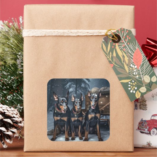 Doberman Snowy Sleigh Kerstdecoratie Vierkante Sticker (Feestdagen)