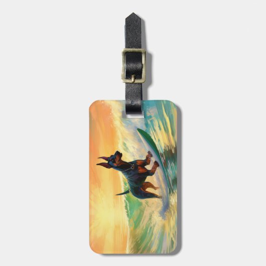Doberman strand surfen schilderij bagagelabel (Voorkant verticaal)