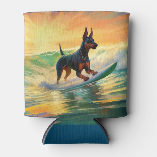 Doberman strand surfen schilderij blikjeskoeler (Voorkant)