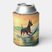 Doberman strand surfen schilderij blikjeskoeler (Blikje Achterkant)