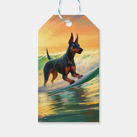 Doberman strand surfen schilderij cadeaulabel (Voorkant)