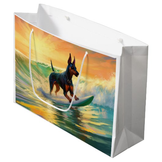Doberman strand surfen schilderij groot cadeauzakje (Voorkant Gekanteld)