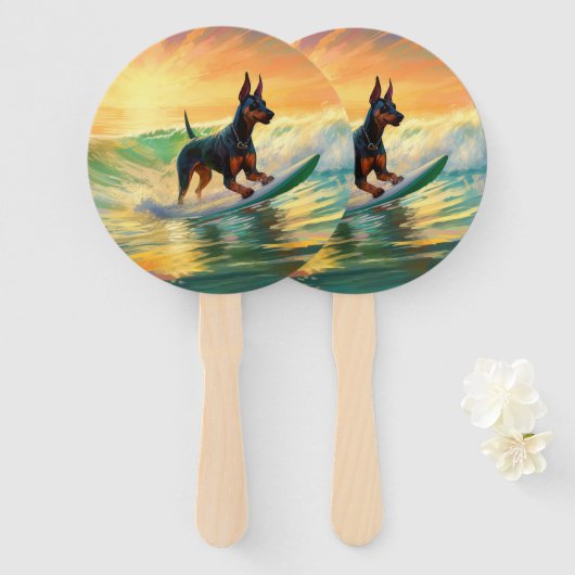 Doberman strand surfen schilderij handwaaier (Voorkant en achterkant)