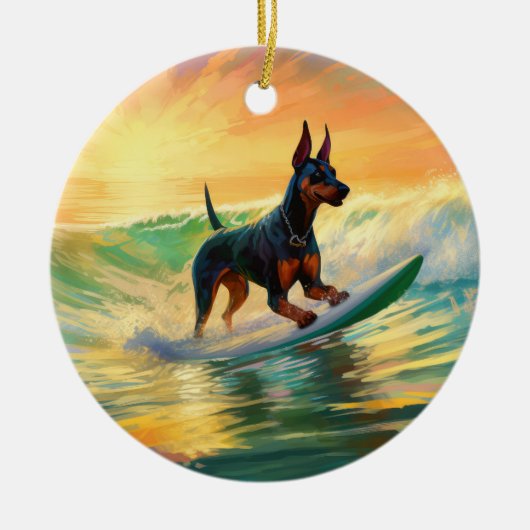Doberman strand surfen schilderij keramisch ornament (Voorkant)