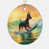 Doberman strand surfen schilderij keramisch ornament (Links)