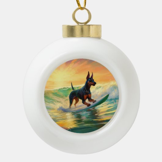 Doberman strand surfen schilderij keramische bal ornament (Voorkant)