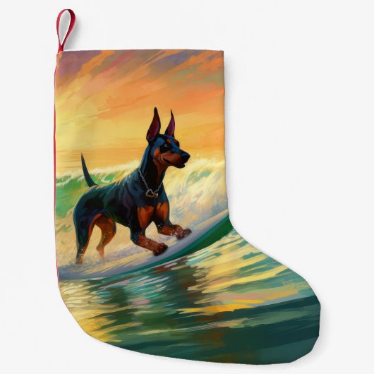 Doberman strand surfen schilderij kleine kerstsok (Voorkant)