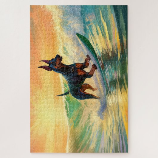 Doberman strand surfen schilderij legpuzzel (Verticaal)