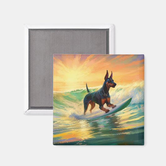 Doberman strand surfen schilderij magneet (Voorkant / Achterkant)