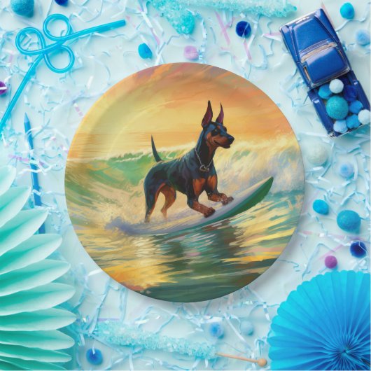 Doberman strand surfen schilderij papieren bordje (Feest)