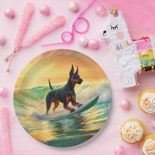 Doberman strand surfen schilderij papieren bordje (Feest)