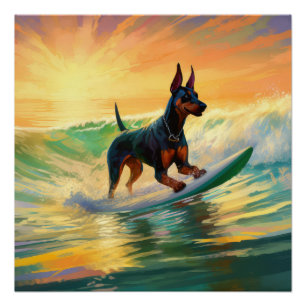 Doberman strand surfen schilderij perfect poster