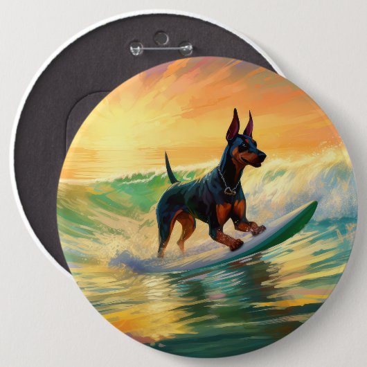 Doberman strand surfen schilderij ronde button 6,0 cm (Voorkant /achterkant)