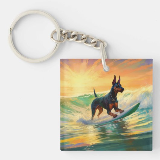 Doberman strand surfen schilderij sleutelhanger (Voorkant)