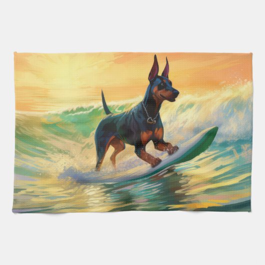 Doberman strand surfen schilderij theedoek (Horizontaal)