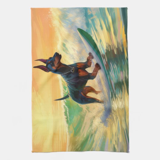 Doberman strand surfen schilderij theedoek (Verticaal)