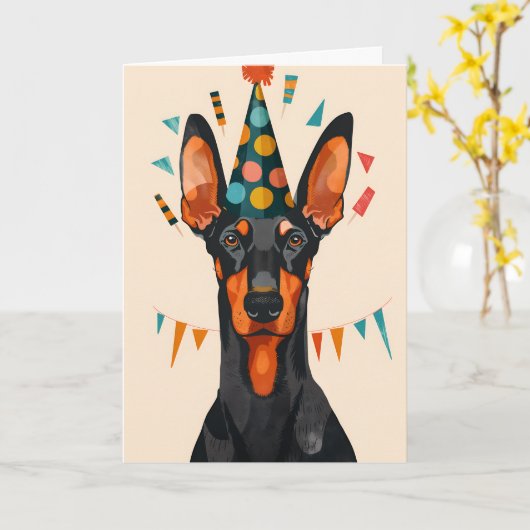 Doberman verjaardagsfeest Wenskaart Kaart (Gele Bloem)