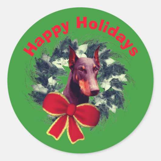 Doberman Wreath Kerstfeestdag Ronde Sticker (Voorkant)