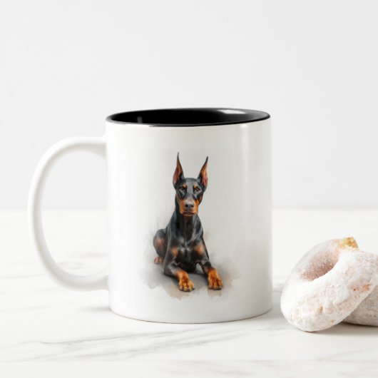 Dobermann Aquarel Kunst Tweekleurige Koffiemok (Met donut)