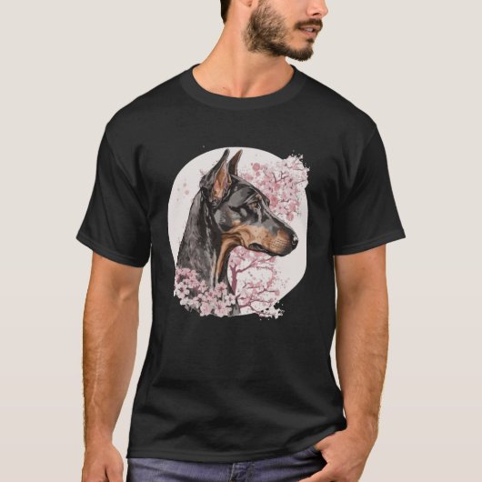 Dobermann Cherry Blossom Dog Breed Japanese Waterc T-shirt (Voorkant)