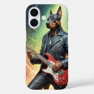 Dobermann die gitaar speelt op een rots podium iPhone 16 hoesje