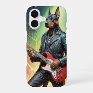 Dobermann die gitaar speelt op een rots podium iPhone 16 hoesje