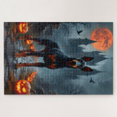 Dobermann gotische kasteel Halloween kunstwerk Legpuzzel (Horizontaal)
