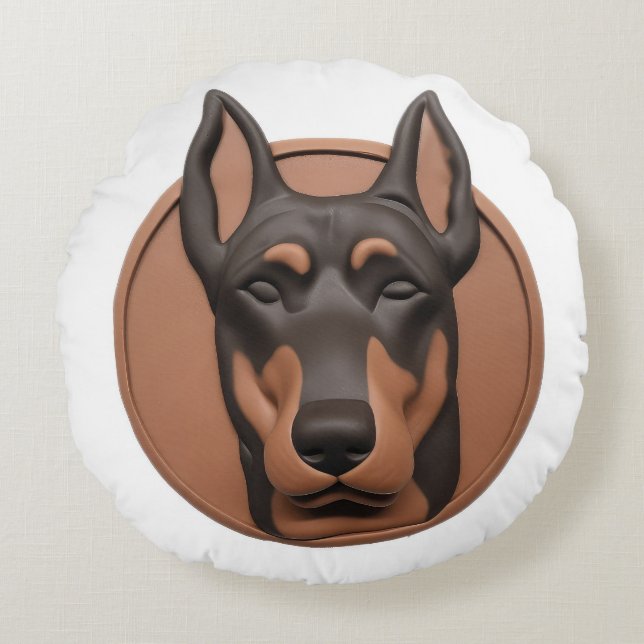 Dobermann Hond 3D Geïnspireerd Rond Kussen (Voorkant)