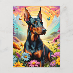 Dobermann-hond, bloemen en berglandschap briefkaart