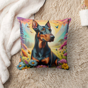 Dobermann-hond, bloemen en berglandschap kussen