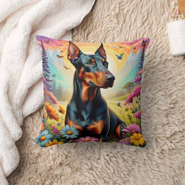 Dobermann-hond, bloemen en berglandschap kussen (Deken)