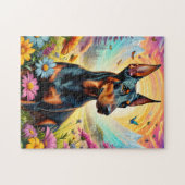 Dobermann-hond, bloemen en berglandschap legpuzzel (Horizontaal)