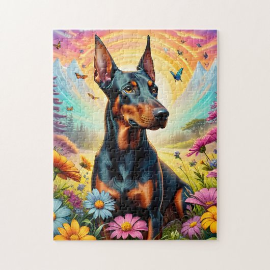 Dobermann-hond, bloemen en berglandschap legpuzzel (Verticaal)