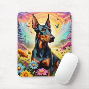 Dobermann-hond, bloemen en berglandschap muismat