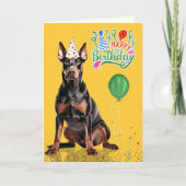 Dobermann Hond Feesthoed Geel Verjaardag Kaart (Voorkant)