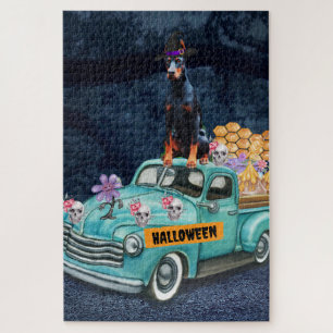Dobermann-hond Halloween-vrachtwagen Griezelnacht Legpuzzel