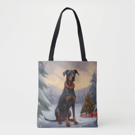 Dobermann-hond in de sneeuw met Kerstmis  Tote Bag (Voorkant)