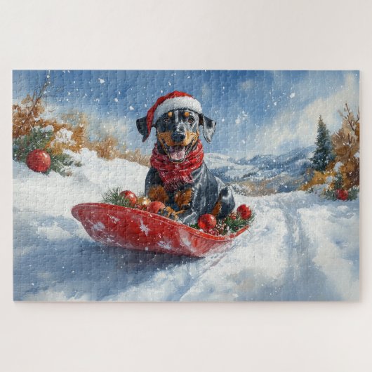 Dobermann-hond in slee laat het sneeuwen Kerstmis Legpuzzel (Horizontaal)