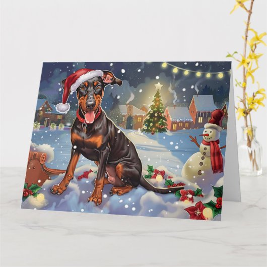 Dobermann-hond in slee met sneeuw Kerstmis Kaart (Gele Bloem)