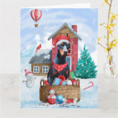 Dobermann-hond in sneeuw Kersthondenhok Kaart (Gele Bloem)