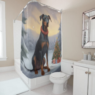 Dobermann-hond in sneeuw Kerstmis Douchegordijn