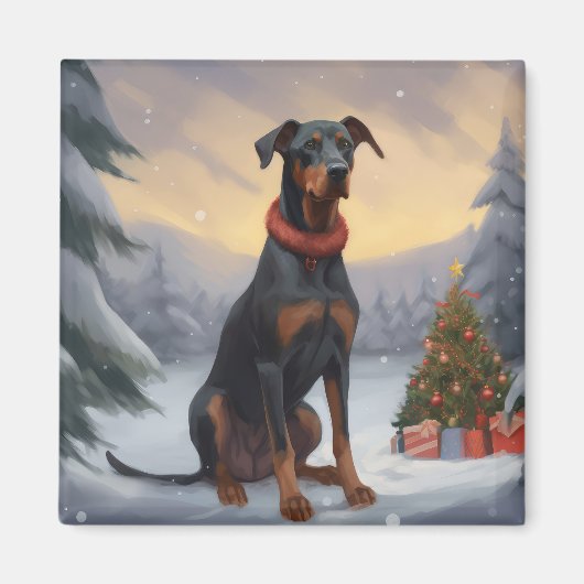 Dobermann-hond in sneeuw Kerstmis Magneet (Voorkant)