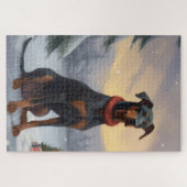 Dobermann-hond in sneeuw met Kerstmis  Legpuzzel (Horizontaal)