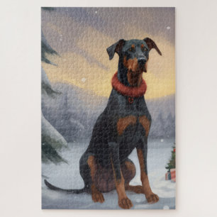 Dobermann-hond in sneeuw met Kerstmis  Legpuzzel