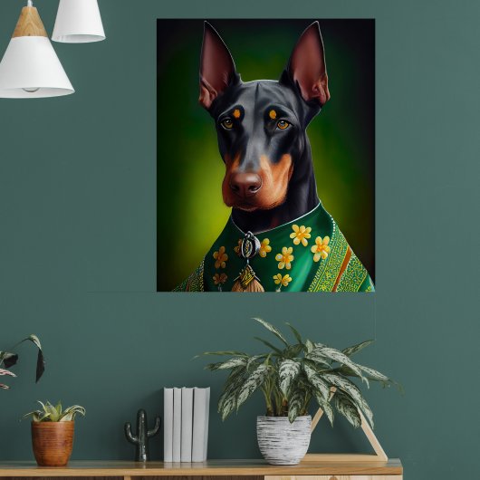 Dobermann-hond in St. Patrick's Day-jurk Poster (Woonkamer 1)