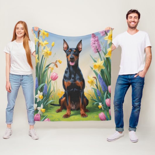 Dobermann-hond lente bloemen schilderij fleece deken (In situ)