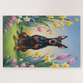 Dobermann-hond lente bloemen schilderij legpuzzel (Horizontaal)